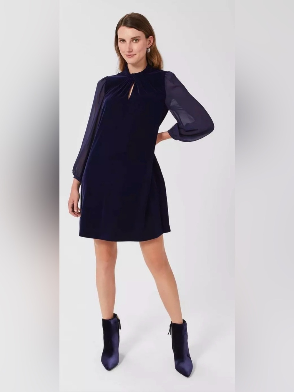 Hobbs Faye Blue Velvet sheer sleeves A Line Dress size 10